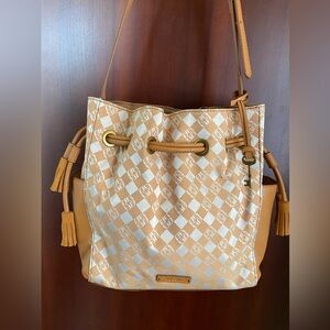 Fossil Tan and Cream Checkered Drawstring Satchel